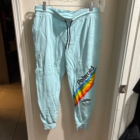Vintage Polaroid Light Blue Sweatpants with Rainbow Stripes XL - Picture 3 of 6